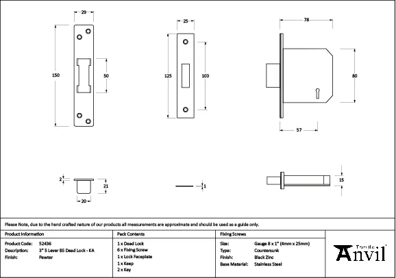 From The Anvil Pewter 3" 5 Lever BS Dead Lock KA - Image 2