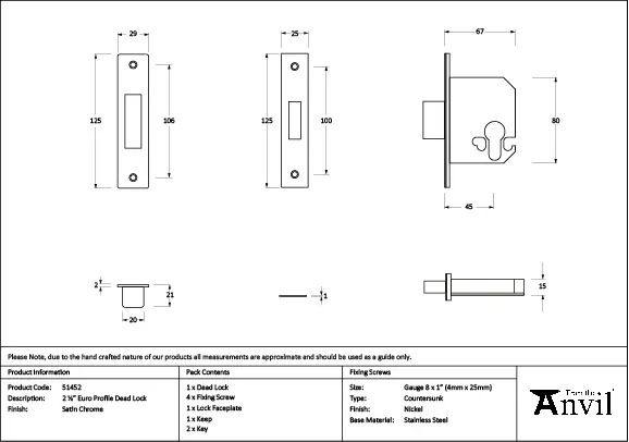 From The Anvil Satin Chrome 2½" Euro Profile Dead Lock - Image 2